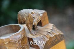 Antique hand Black forest wood carved swiss bear statue swiss music box