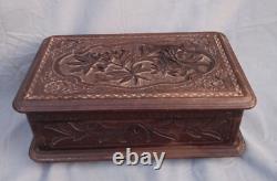 Antique hand Carved Wood Black Forest Music Box Floral Works Jewelry Brienz 9.8