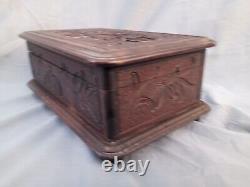 Antique hand Carved Wood Black Forest Music Box Floral Works Jewelry Brienz 9.8