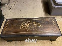 Antique music box, made in Switzerland elegant birds design solid wood 1880 1900