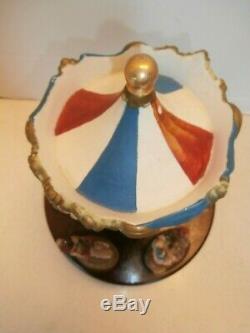 Antique/vintage Carouselwithclown Rider Music Box Wood And Ceramictop Decor