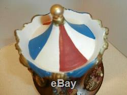 Antique/vintage Carouselwithclown Rider Music Box Wood And Ceramictop Decor