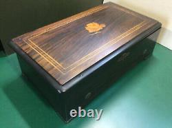 Antique wooden National musical box, cylinder, rare, ornate marketry case, works