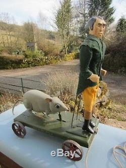 Automaton pull along figure. Robert Burns pursued by a giant mouse. One off