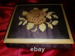 BEAUTIFUL INLAID DARK WOOD MUSIC BOX with FLOWER DECORATION