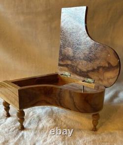 Baby Grand Piano Olive Wood Music Box Vintage, Switzerland