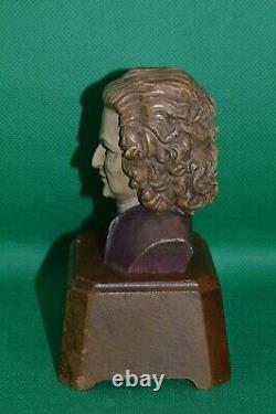 Bach Italy Carved Wood Bust Reuge Swiss Musical Music Box Lullaby WORKS GREAT
