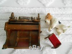 Beautiful Vintage Wood Music Box, Wire Fox Terrier Playing the Organ