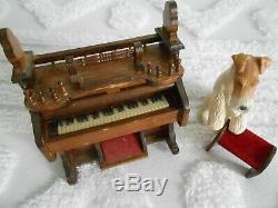 Beautiful Vintage Wood Music Box, Wire Fox Terrier Playing the Organ