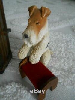 Beautiful Vintage Wood Music Box, Wire Fox Terrier Playing the Organ