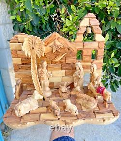 Big Christmas Nativity Scene Olive Wood Hand Carved Music Box Bethlehem Crafts