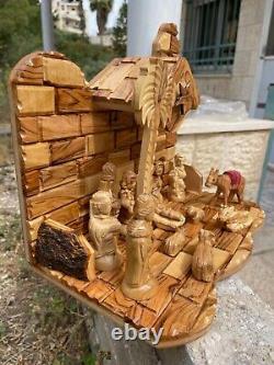 Big Christmas Nativity Scene Olive Wood Hand Carved Music Box Bethlehem Crafts