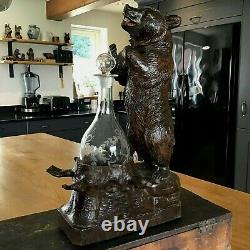 Black Forest Bear Swiss Music Box Decanter Antique Carved Wood C1900 In Vgc