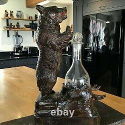 Black Forest Bear Swiss Music Box Decanter Antique Carved Wood C1900 In Vgc