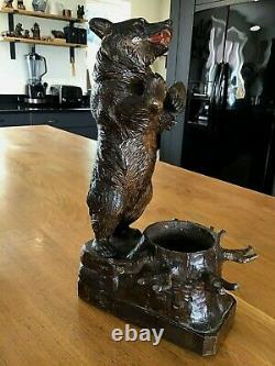 Black Forest Bear Swiss Music Box Decanter Antique Carved Wood C1900 In Vgc