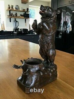 Black Forest Bear Swiss Music Box Decanter Antique Carved Wood C1900 In Vgc