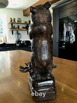 Black Forest Bear Swiss Music Box Decanter Antique Carved Wood C1900 In Vgc