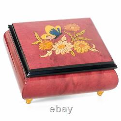 Butterfly Glossy Red Wine Italian Inlaid Wood Music Box Plays Fur Elise