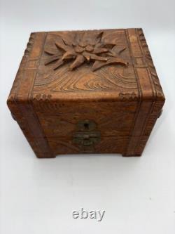 CUENDET Hand Carved Swiss Wood Music Jewelry Box OLD SEE VIDEO WORKS GREAT