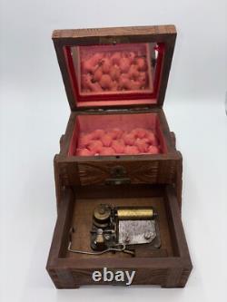 CUENDET Hand Carved Swiss Wood Music Jewelry Box OLD SEE VIDEO WORKS GREAT