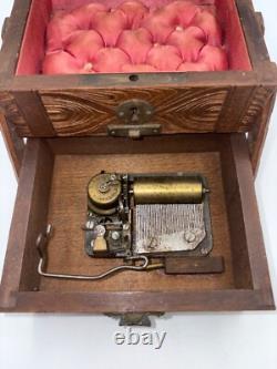 CUENDET Hand Carved Swiss Wood Music Jewelry Box OLD SEE VIDEO WORKS GREAT