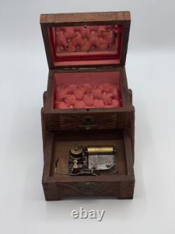 CUENDET Hand Carved Swiss Wood Music Jewelry Box OLD SEE VIDEO WORKS GREAT