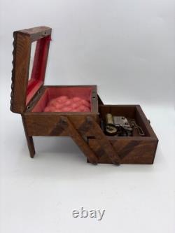 CUENDET Hand Carved Swiss Wood Music Jewelry Box OLD SEE VIDEO WORKS GREAT