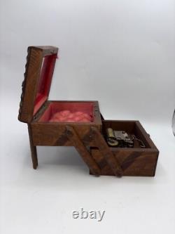 CUENDET Hand Carved Swiss Wood Music Jewelry Box OLD SEE VIDEO WORKS GREAT