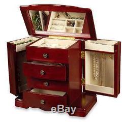 Cherry Musical Jewelry Box Storage Display Chest, Ring Necklace Organizer, Wood