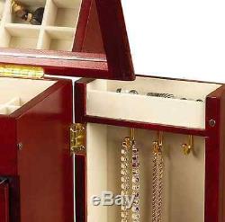 Cherry Musical Jewelry Box Storage Display Chest, Ring Necklace Organizer, Wood