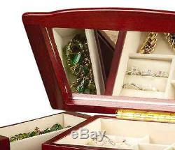 Cherry Musical Jewelry Box Storage Display Chest, Ring Necklace Organizer, Wood