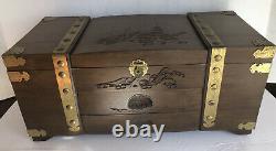 Chinese Wood Carved Musical Jewelry Treasure Box Dragon Inlay Secret Drawer