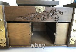 Chinese Wood Carved Musical Jewelry Treasure Box Dragon Inlay Secret Drawer