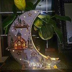 Christmas Glittery Crescent Moon Village 17×13 Laser Cut Wood Music Box Works