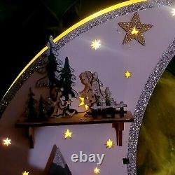 Christmas Glittery Crescent Moon Village 17×13 Laser Cut Wood Music Box Works