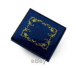 Classic Royal Blue Arabesque Wood Inlay Music Box Over 400 Song Choices