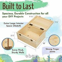 DIY Pine Wood Box Jewelry Craft Stash Hinged Lid 2 Clasps Extra Large 13x10x6.5