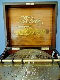 EARLY 20thC ANTIQUE MIRA MAHOGANY MUSIC BOX, WITH FOUR 7 DISC'S, c 1900-1909