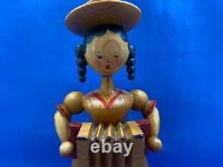 ERZGEBIRGE Music Box Musical Girl Carved Wood REUGE Germany Vintage Accordion