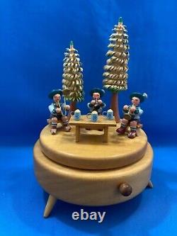 ERZGEBIRGE Music Box Oktoberfest Musicians Carved Wood REUGE Germany Vintage