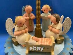 ERZGEBIRGE Wendt Kuhn THORENS Music Box Angel Crib Carved Wood Germany