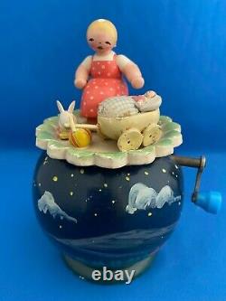 ERZGEBIRGE Wendt Kuhn THORENS Music Box Girl with Doll Carved Wood East Germany