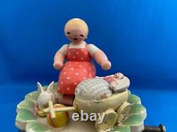 ERZGEBIRGE Wendt Kuhn THORENS Music Box Girl with Doll Carved Wood East Germany