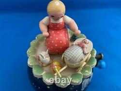 ERZGEBIRGE Wendt Kuhn THORENS Music Box Girl with Doll Carved Wood East Germany