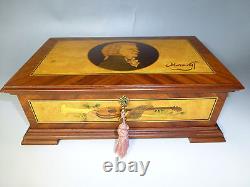 EXC Vintage Reuge Music Box 72 / 3 Mozart Edition Wooden Inlaid Mozart Portrait