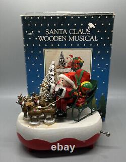 Enesco Santa Music Box Coming To Town 1983 Sleigh Reindeer Wood Vintage Vtg