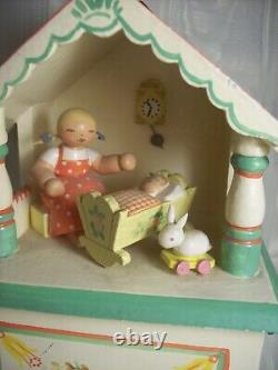 Erzgebirge Wendt Kuhn Thorens Carved Wood Music Box Mother Child Nursery Germany