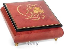 Floral Heart Red Wine Wood Jewelry Music Box Plays Let Me Call You Sweetheart