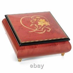 Floral Heart Red Wine Wood Jewelry Music Box Plays Let Me Call You Sweetheart