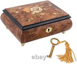 Floral Italian Hand Crafted Inlaid Wood Jewelry Music Box Plays Amazing Grace